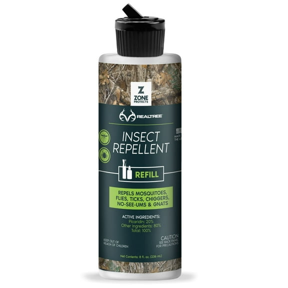 Zone Protects Realtree Picaridin Repellent, 8oz Refill. Picaridin Insect Repellent. DEET Alternative. Repel Ticks, Gnats, Chiggers and Mosquitoes. Unscented, Odor-Free
