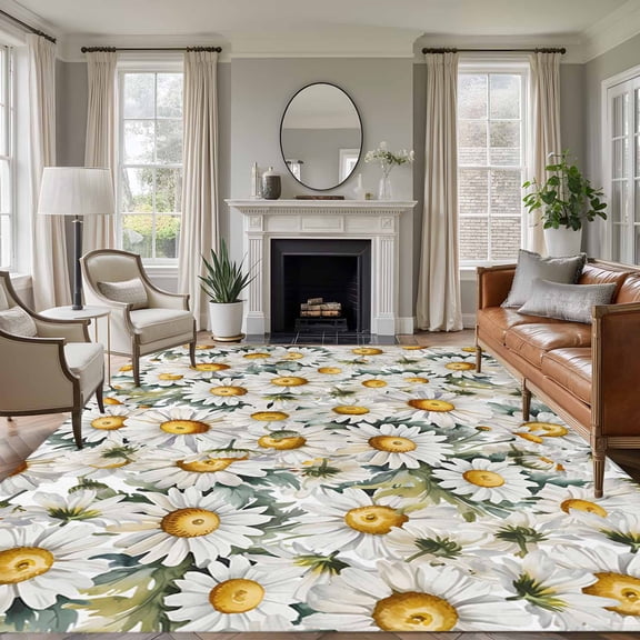 Farmhouse Daisy Area Rugs 5'x7', Washable Small Throw Rugs for Laundry Room Playroom, Spring Vintage Country Flower Plant Indoor Outdoor Rug Non-Slip Low Pile Carpet Runner Reversible Floor Mats