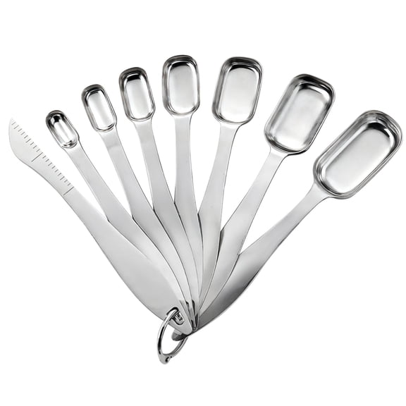 8 Pcs Stainless Steel Measuring Spoon Set – Square Spoons with Leveler Scraper, Engraved Tsp/Tbsp & ML, Deep Jar Design, Kitchen Baking Tool