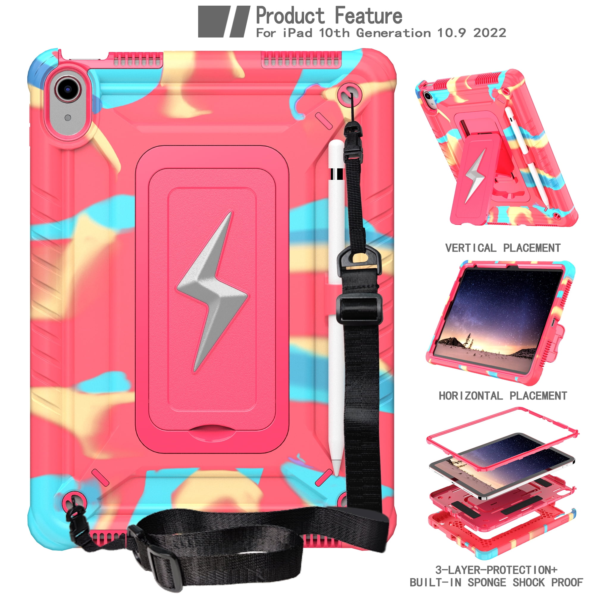 ELEHOLD For iPad Air 3rd Generation 2019 / iPad Pro 2017 10.5 inch ,Rugged Shockproof 3-Layer Kickstand Pencil Holder Protective Case with Shoulder Strap for Kids,Outdoor Travel,Rainbowrose