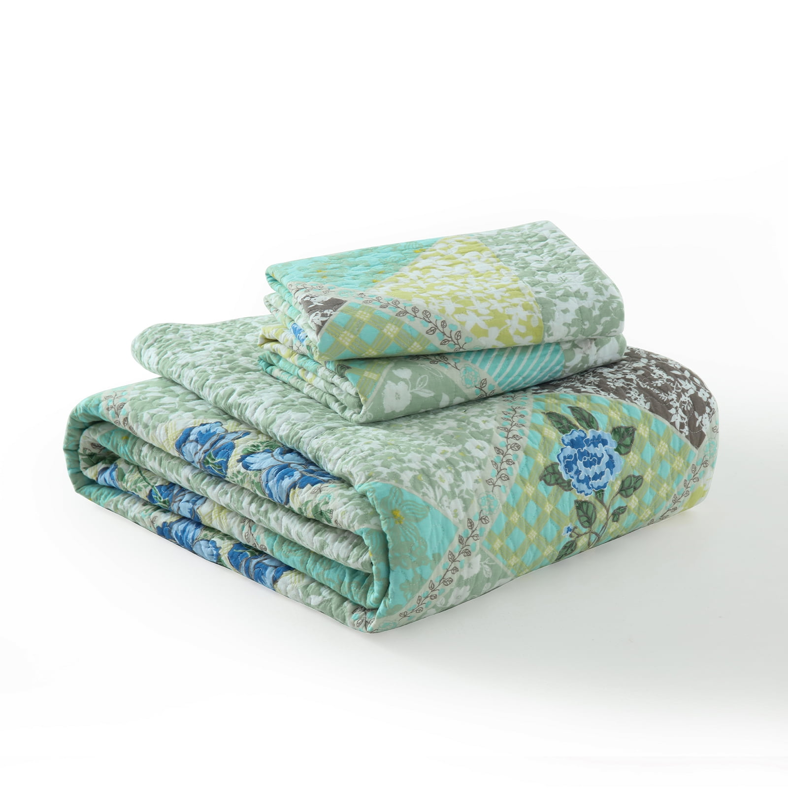 PANGUSHAN 100% Cotton 120"x120" Oversized California King Bedspread Coverlet Quilt Set, Cal King Quilted Bedspread Extra Large Wide Quilt, Floral XL Bed Spread Lightweight Comforter, 3pc, Green/Blue