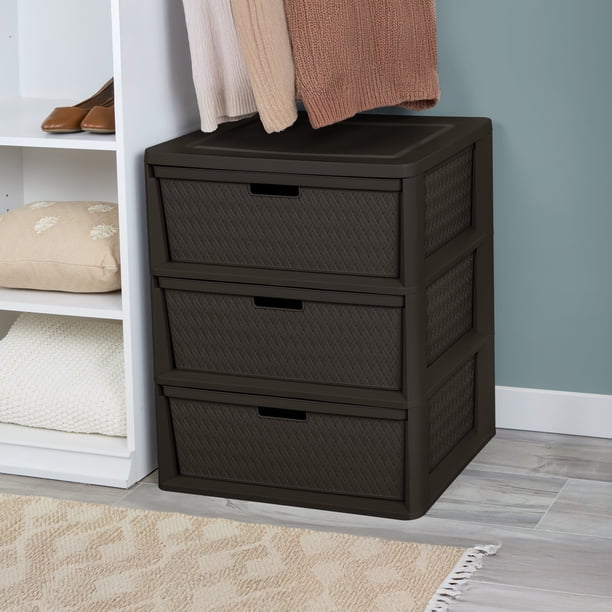 brown plastic dresser Sterilite Wide 3 Drawer Tower, Plastic Storage Organizer with Removable  Decorative Bins, Easy to Assemble - No Tools Needed, Brown