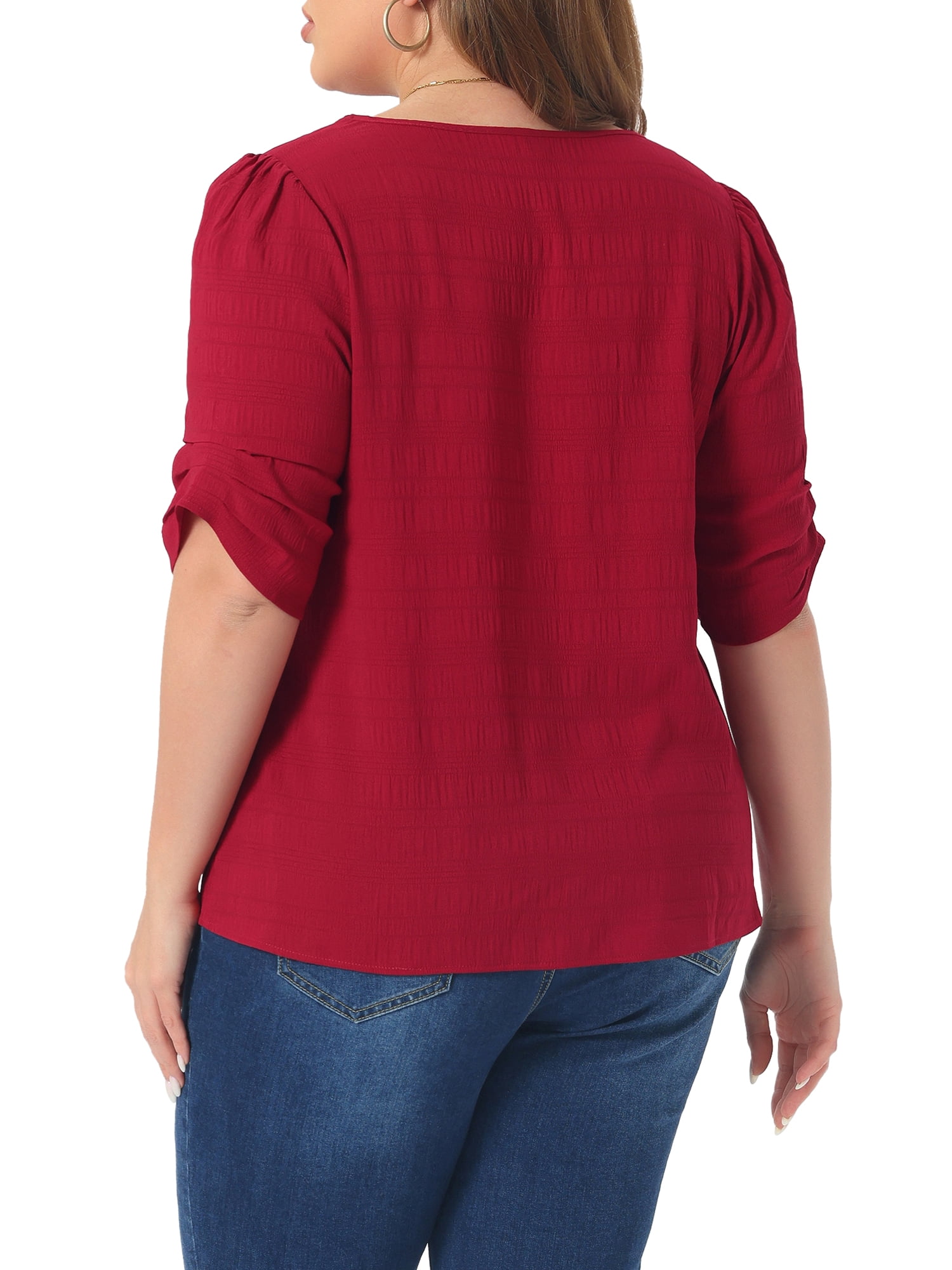 DARING DIVA Women's Plus Textured Notched V Neck Blouse 3X Burgundy