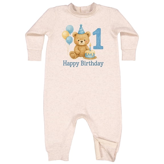 Inktastic 1st Birthday Bear with Cake and Balloons Baby Fleece Romper