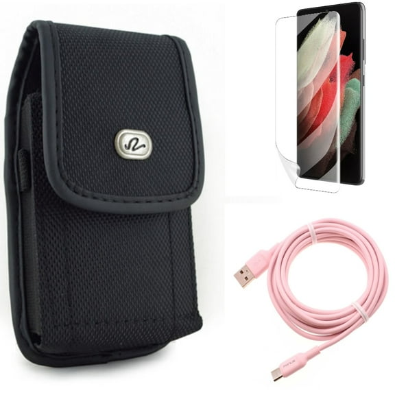 Case Belt Clip & Matte Screen Protector & 10ft Long USB-C Cable for Samsung Galaxy S22 Plus (S22 ) - Combo Rugged Holster & TPU Film Anti-Glare & Pink Charger Cord Power Wire