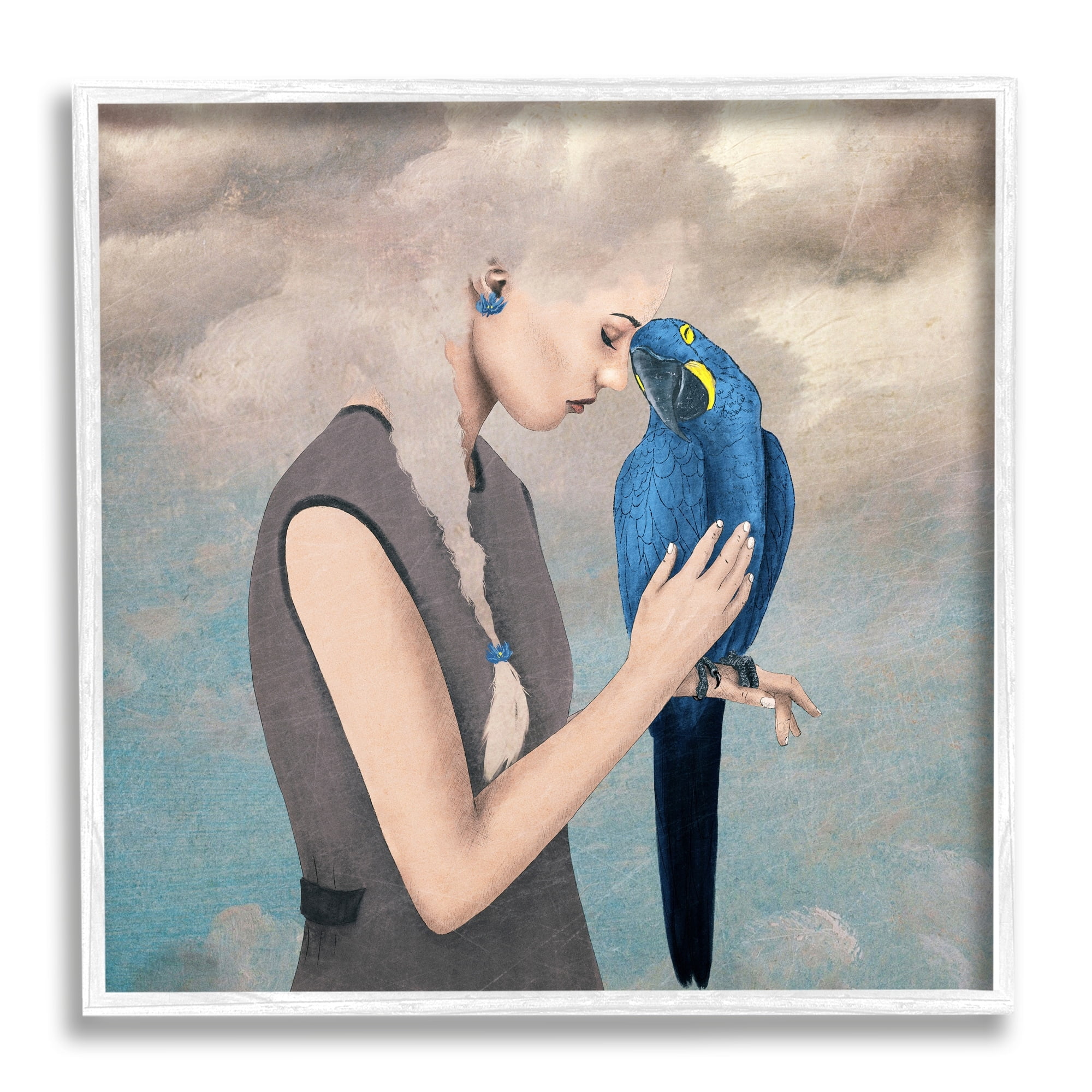 Stupell Industries Dreamy Cloud Hair Woman Vibrant Blue Parrot Framed Wall Art, 24 x 24, Design by Paula Belle Flores