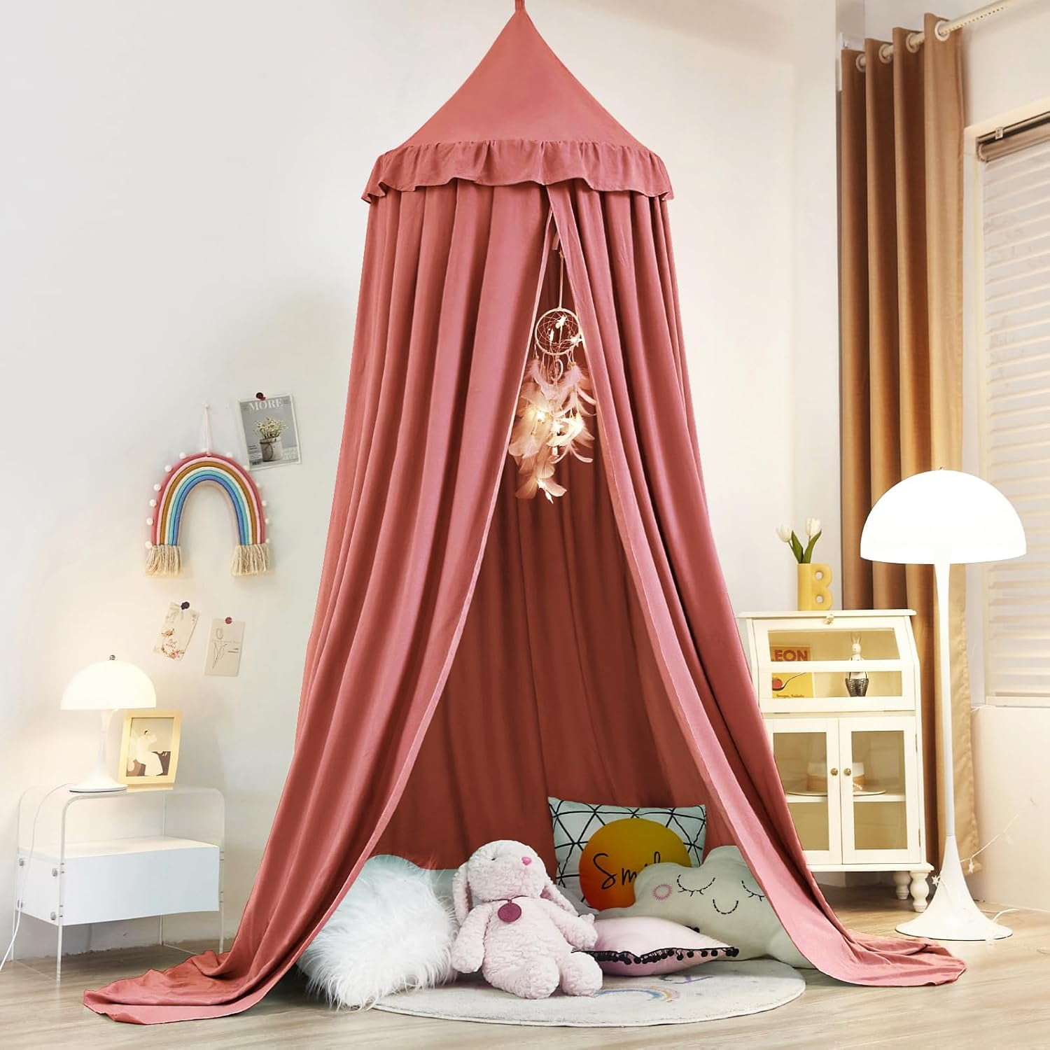 Decor Canopy for Kids Bed, Soft Smooth Playing Tent Canopy Girls Room Decoration Princess Castle, Dreamy Mosquito Net Bedding, Children Reading Nook Canopies in Home (Red Bean Color)