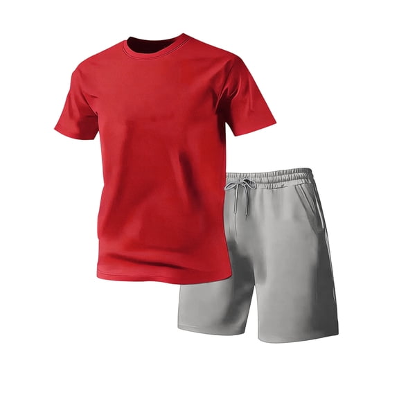 Men's Solid Color Two Piece Set Short Sleeve T-Shirt & Drawstring Shorts Mathcing Set Casual Summer Workout Sets Red S