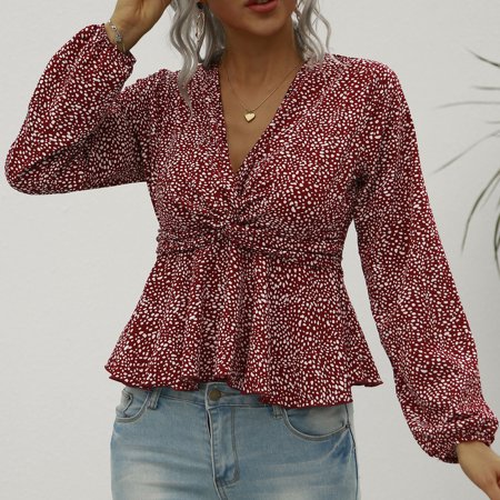 

YFPWM Womens Blouses for Work Professional summer tops sequin tops fringe tops corset topsTrendy Messy Dots Button V-neck Long Sleeve Sweatshirt