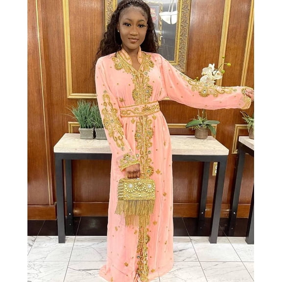 PEACH COLOR HANDCRAFTED ZARI WORK STITCHED GEORGETTE KAFTAN PARTY DRESS