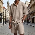 thumbnail image 2 of JAJAHO Mens Short Set Summer 2 Piece Outfits Waffle Short Sleeve Quarter Zip Collared Loose Fit T Shirt Comfortable Drawstring Shorts Jogging Suit Versatile Outfit, 2 of 9
