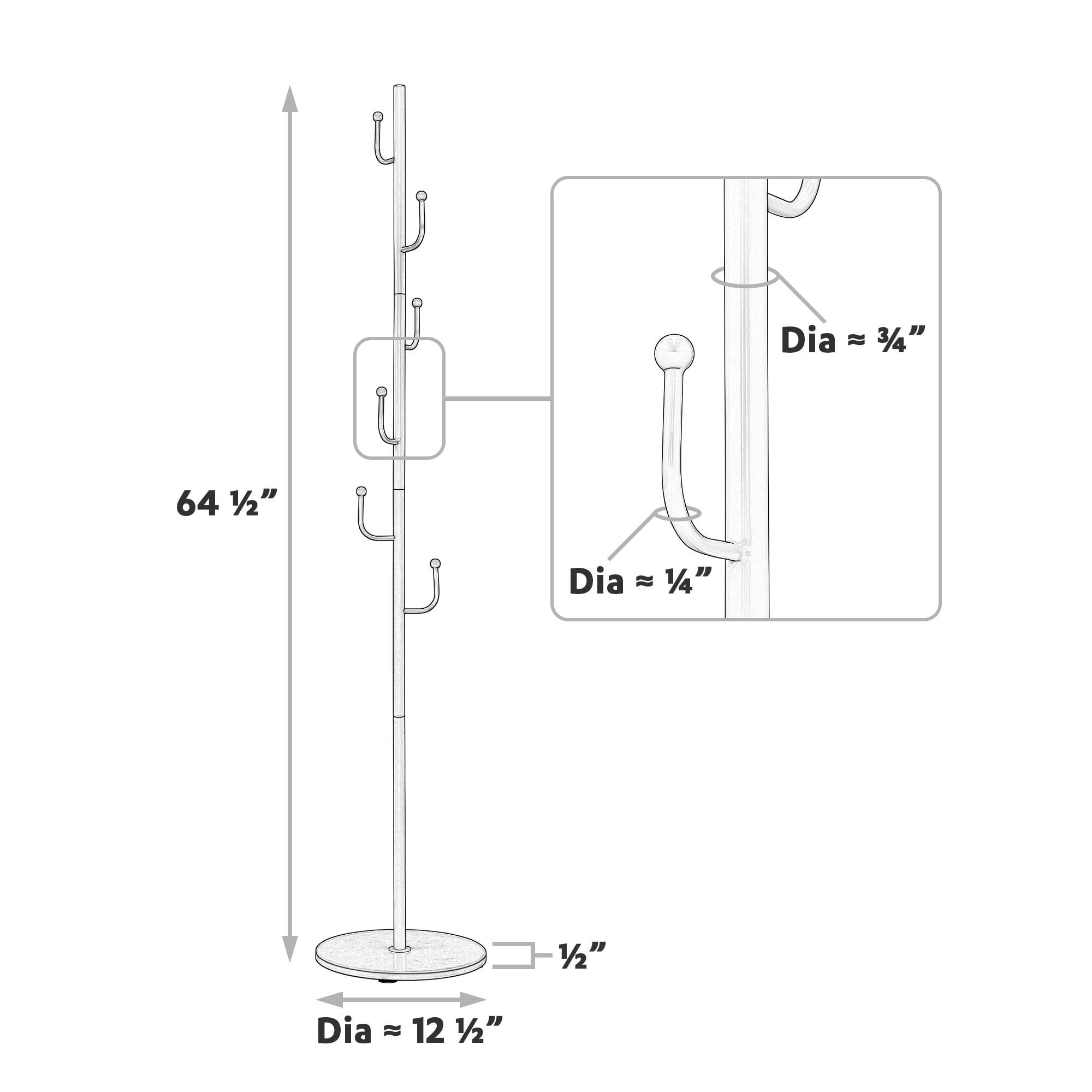 Abble Coat Rack 6 Hooks 64.5 in Freestanding Metal Coat Rack Coat and Hat Hanger Organizer Rack Garment Stand with White Stone Base for Home, Office, Entryway, Hallway, Gold