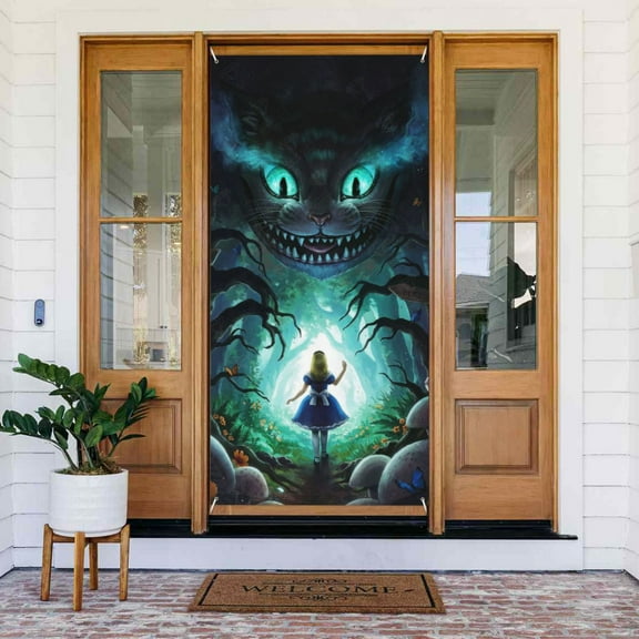 Door Cover Decoration Alice in Wonderland Hanging Banner Backdrop Tapestry Outdoor Party Decor 72.8 x 35.4 Inch
