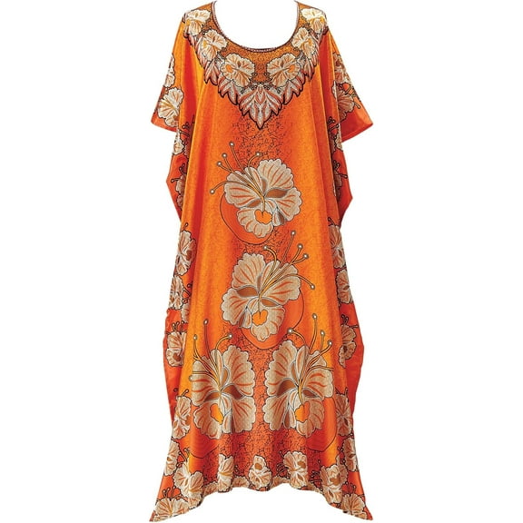 Golden Hibiscus Floral Caftan for Women, Ultimate Satin Comfort, Loungewear Dress, Swimsuit Cover Up, One Size Fits Most