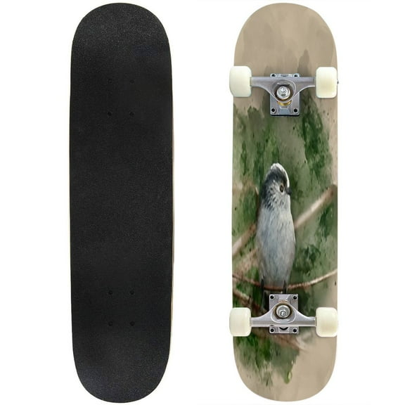 Skateboards Watercolor Beautiful portrait Long Tailed Tit Aegithalos Caudatus bird Maple Double Kick Standard Skateboard Pro Complete Outdoor for Beginners Adult Gift 31"x8"
