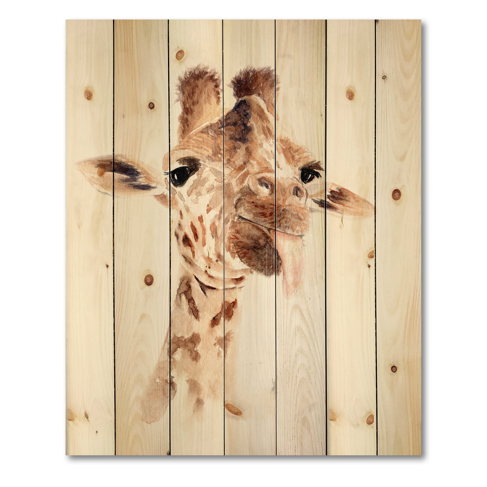 Designart 'Close Up Portrait of A Giraffe X' Farmhouse Print on Natural Pine Wood