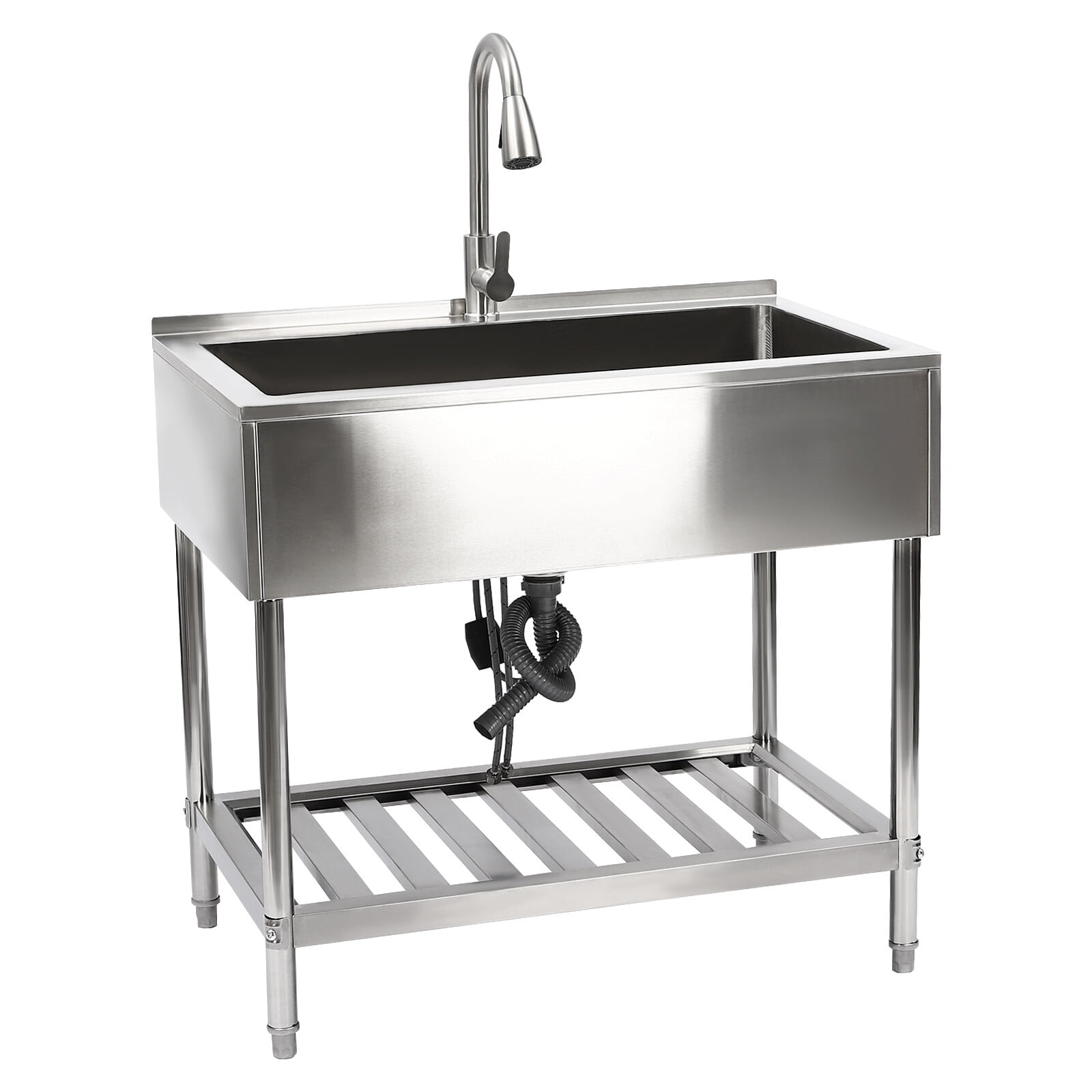 Stainless Steel Utility Sink, Freestanding Single Bowl Laundry Sink with Hot and Cold Pull-Out Faucet, Adjustable Feet & Storage Shelf for Kitchen Laundry Room Restaurant, 36" x 22" x 34"