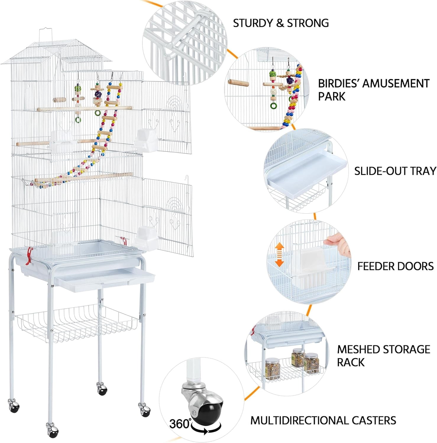 GMNIU 62.4inch Height Metal Roof Top Bird Cage Parrot Cage Parakeet Cage with Rolling Stand for Small Birds, White