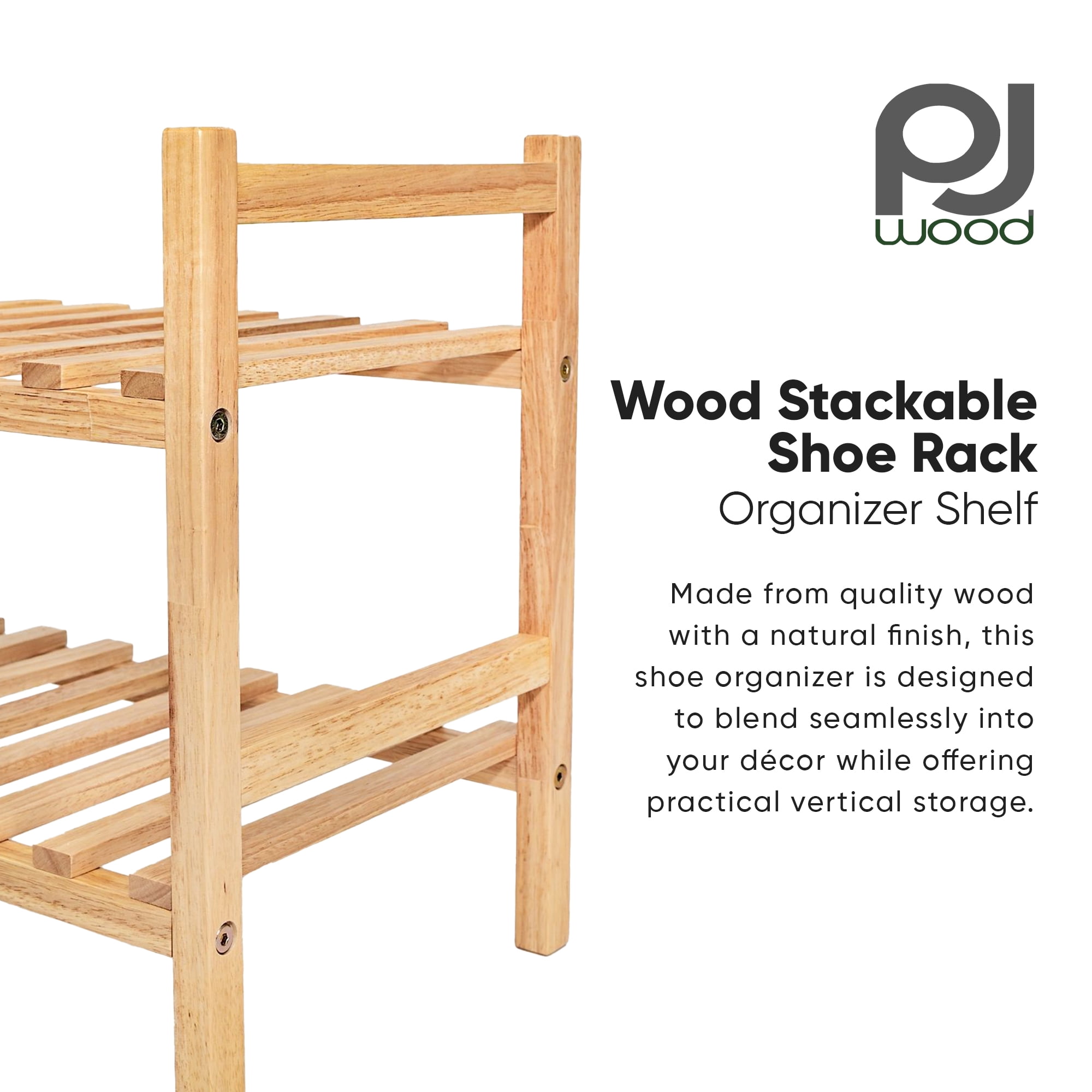 PJ Wood Stackable Wood Shoe Rack Organizer Shelf Closet Entryway Bedroom, Natural