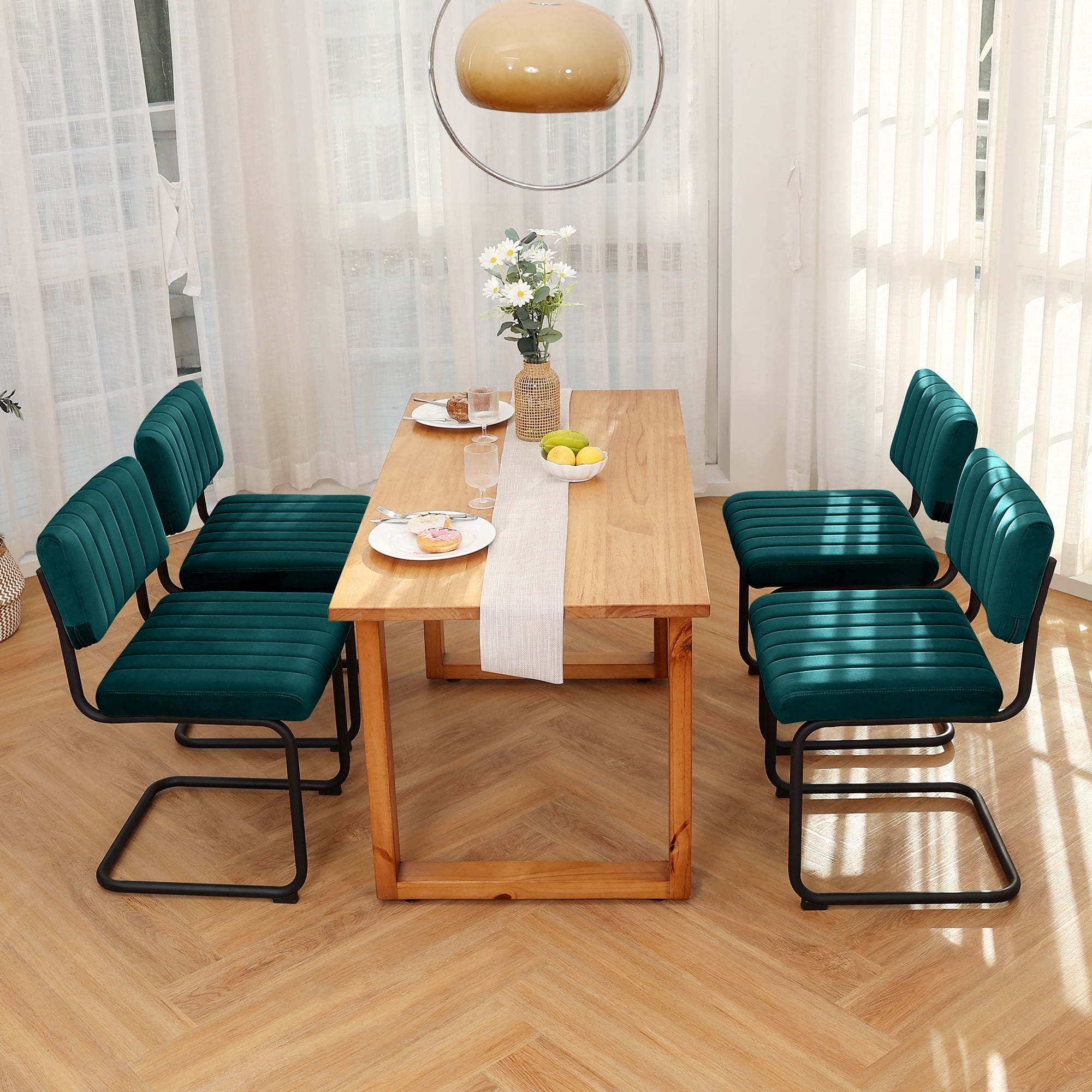Zesthouse Mid Century Modern Dining Chairs Set of 2, Velvet Upholstered Dining Room Chairs with Metal Legs, Tufted Channel Kitchen Chairs for Dining Living Room, Teal