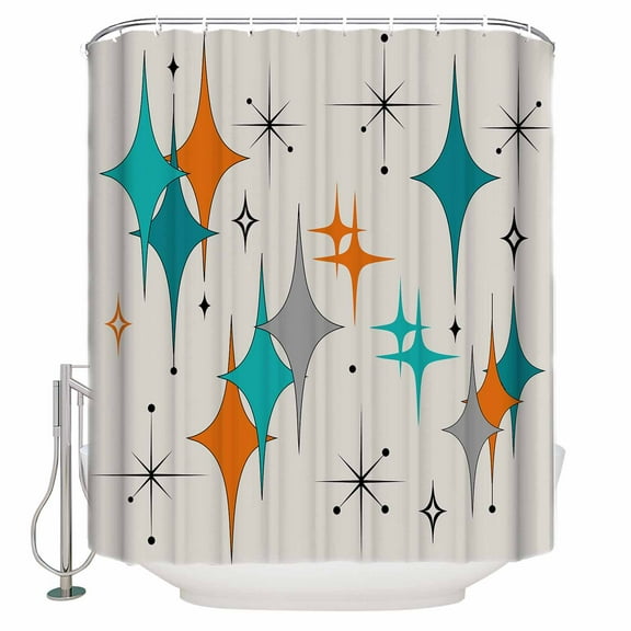 Mid Century Shower Curtain, 72" x 72", Boho Modern Geometric Teal Orange Star Waterproof Bathroom Curtain Washable Shower Curtain Set with 12 Hooks
