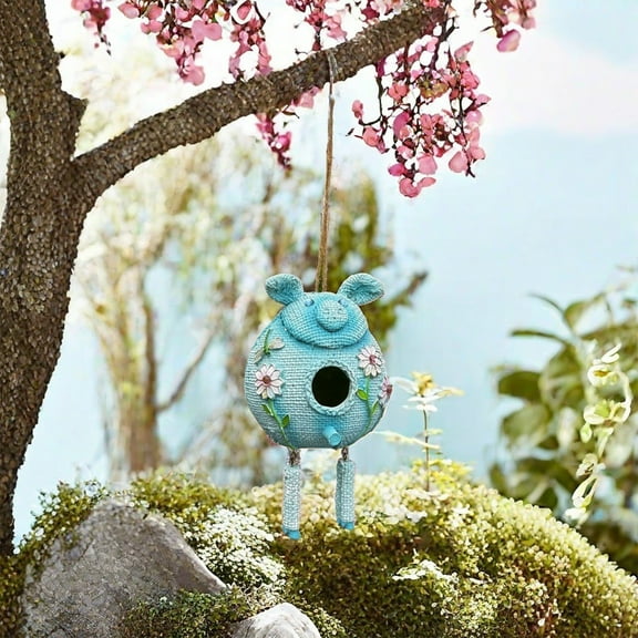 10.6" H Hanging Bird House for Outdoor Patio Garden Decorative Pet Cottage Distressed Wooden Birdhouse, Blue Leaves