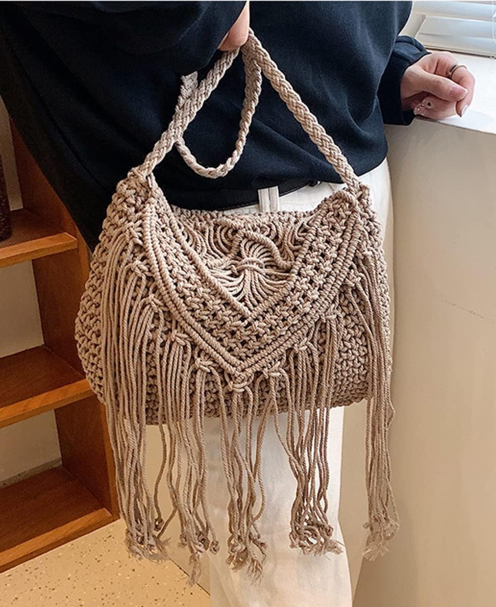 CAILDANL Crossbody Purse for Women Cute Macrame Hobo Satchel Bags Knit Summer Beach Bag Tassels Shoulder Crochet Tote Handbag