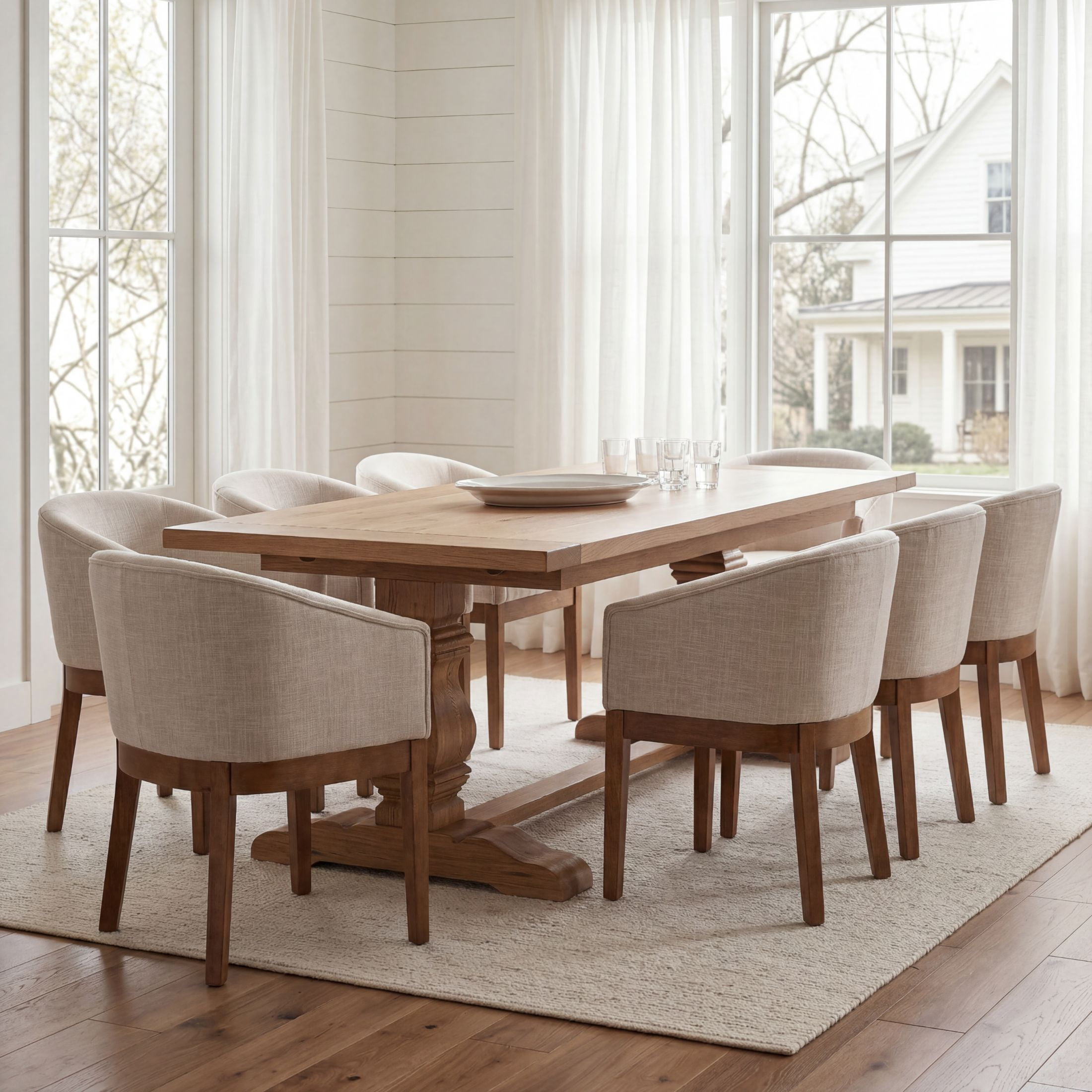 Guyou Modern Upholstered Dining Chairs Set of 6, Farmhouse Linen Kitchen & Dining Room Chairs with Armrests, 18" W Wooden Barrel Accent Chair Armchair for Dining Room Living Room Bedroom, Beige