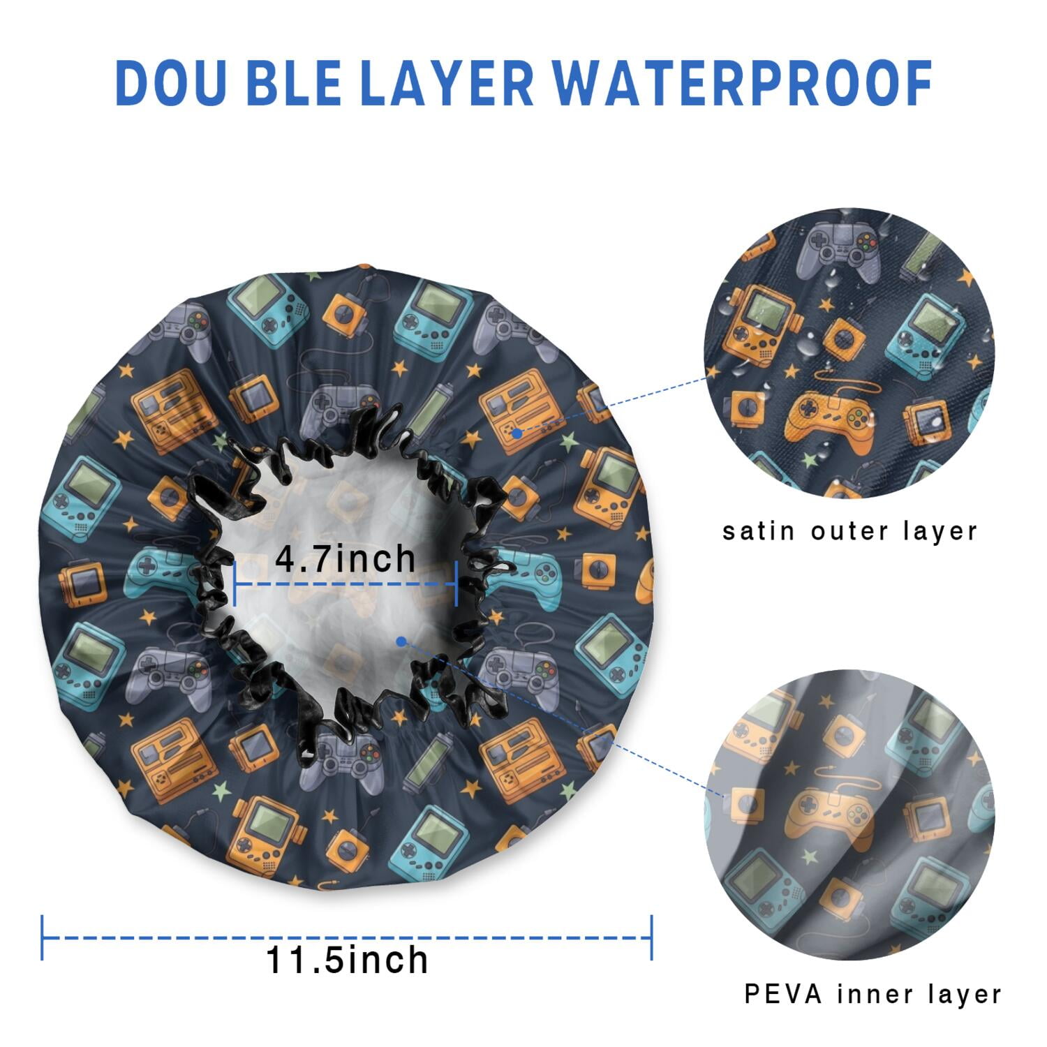 Shower Caps,Retro Consoles Games Icons Blue Pattern Waterproof Shower Cap for Women 4 Pieces,Double Reusable Hair Cover for Shower PEVA Elastic Stretch Hem