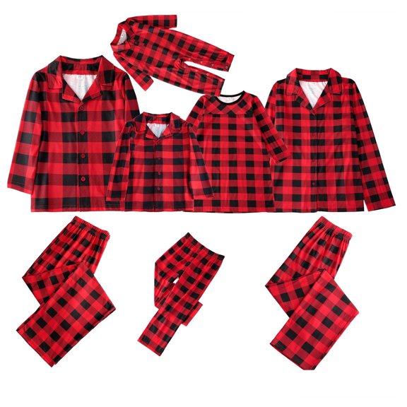 PUMXQ Christmas Holiday Family Sleepwear, Cotton Buffalo Plaid Button‑Down Notch‑Collar Pajamas, Whole‑Family Matching Pjs Set Red 18M