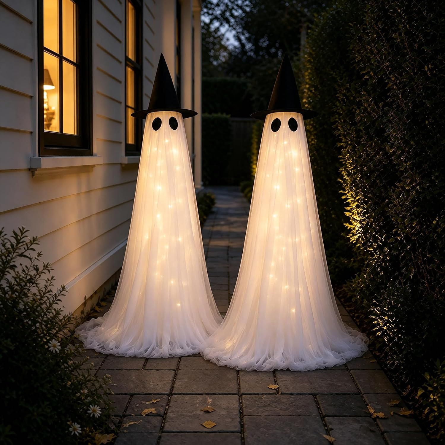 Lighted Halloween Ghost Decorations, 2 Pack, 5 ft Tall, 8 Lighting Modes with Timer, Battery or USB Powered, Porch and Lawn Outdoor Holiday Decor