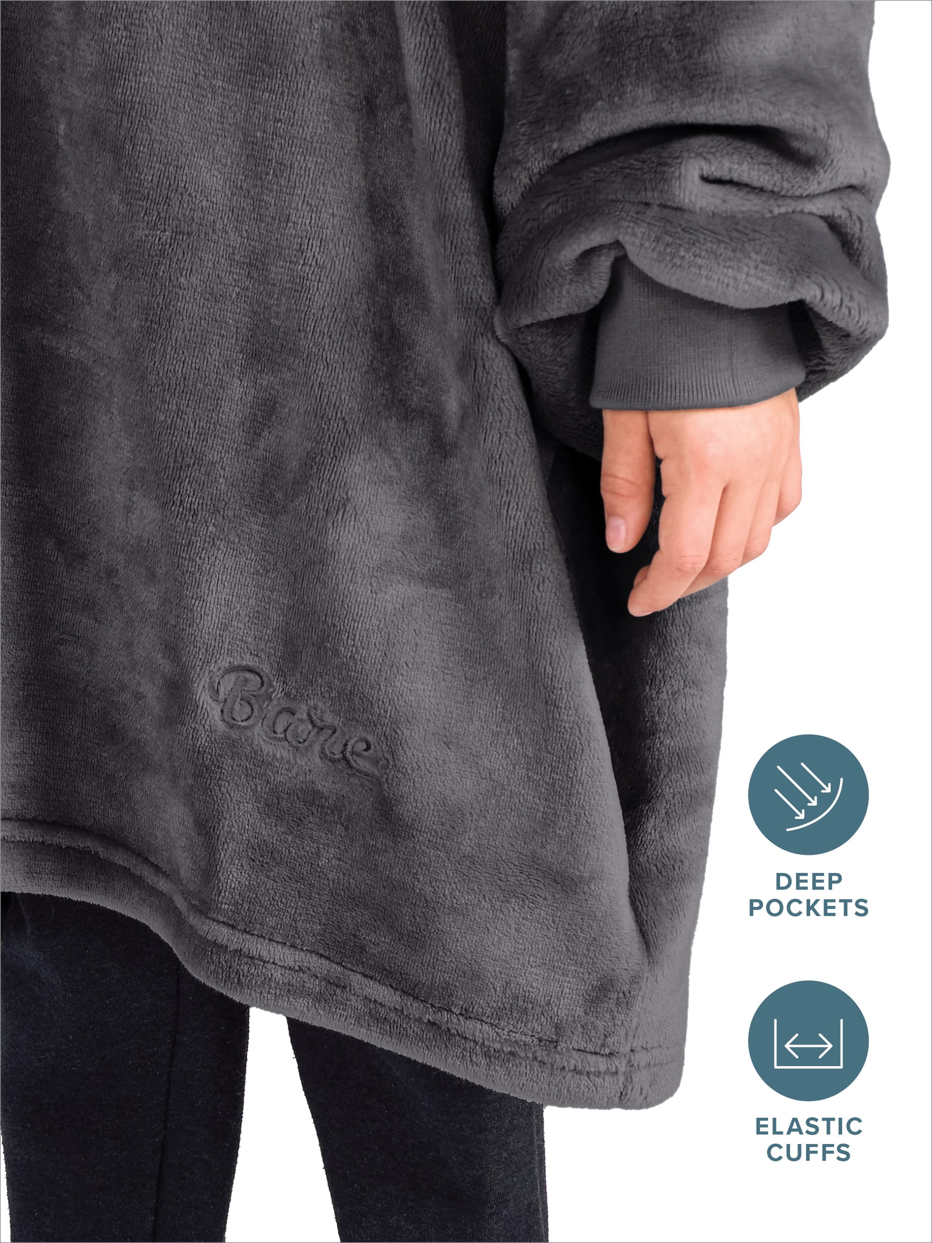 Bare Homey Kids Size Microplush Wearable Blanket - Side Pockets - Warm - Velvety Soft, Forged Iron Gray