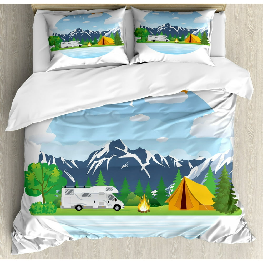 Camper Queen Size Duvet Cover Set, Forest Camping Illustration with