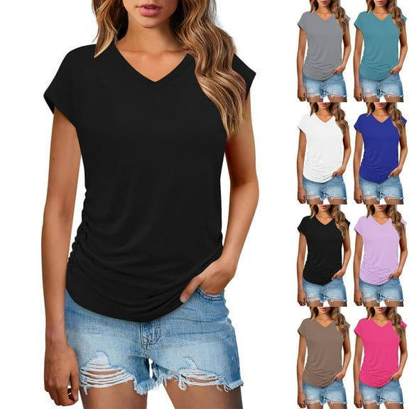 Olyvenn Fashion Womens Summer Tops Dressy Casual Cap Sleeve T Shirts for Women V Neck Ruched Tops Basic Tank Fashion Trendy Black L