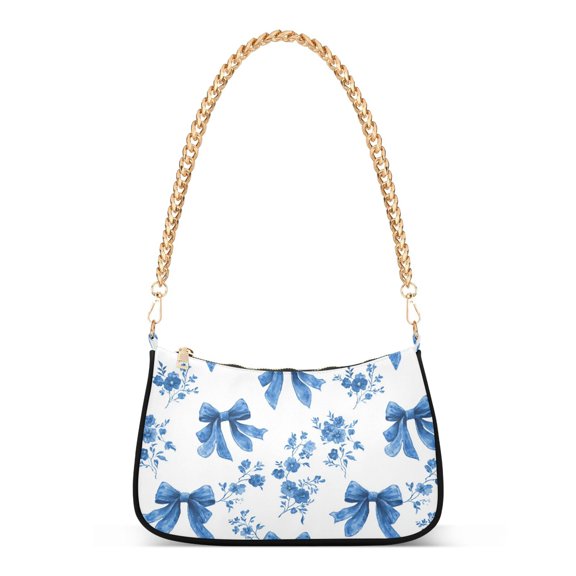 Print Tote Bag for Women Blue Bows and Flower Shoulder Bag Shoulder Handbags Chain Strap