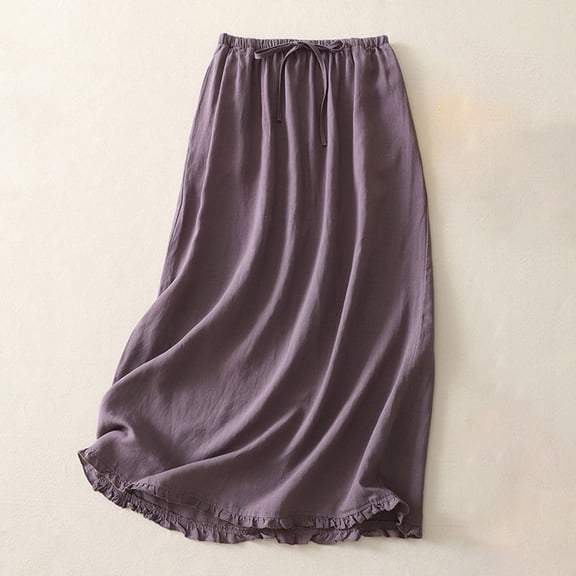 A Line Skirts Women Women's Cotton Linen Midi Skirts Drawstring High Waisted a Line Flowy Summer Boho Long Beach Summer Skirts Purple M
