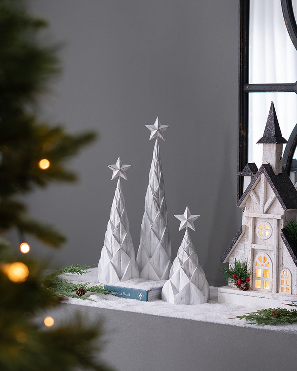 Set of 3 Resin White/Silver Foil Christmas Tree With Star Top, L:4x4x16" M:4x4x12" S:4.5x4.5x8.8"