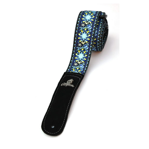 Magma Leathers 2" Soft-hand Polyester Guitar Strap Sublimation-Printed with Blue Woodstock Design, Genuine Leather Ends (07MS01BW.)
