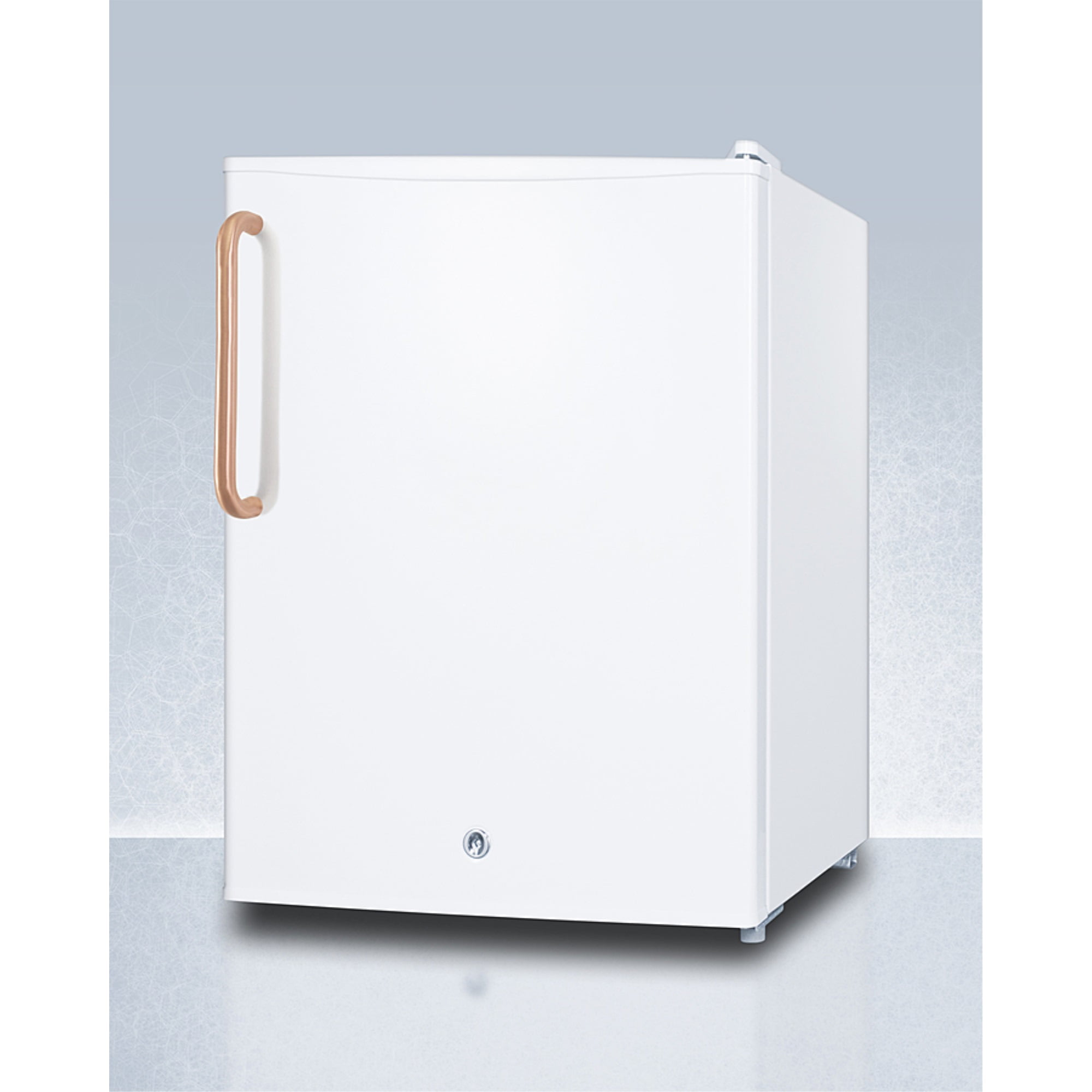 Compact all-refrigerator with automatic defrost, front-mounted lock, copper handle, and white finish