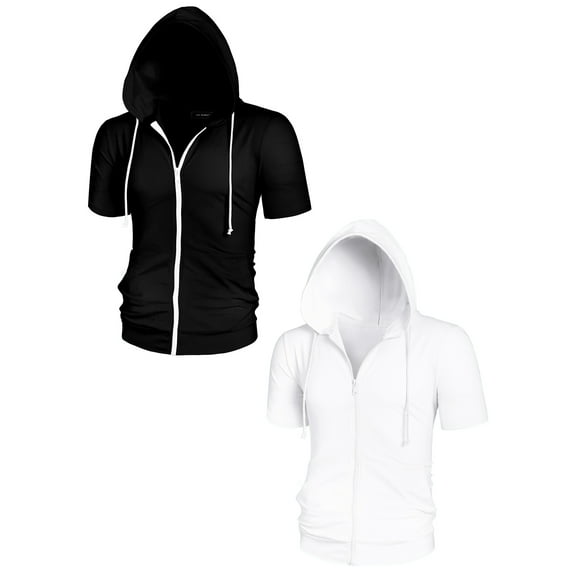 NOMADIC NOOK Men's Solid Color Zip Up Short Sleeves Hoodies Sweatshirt 2 Pack