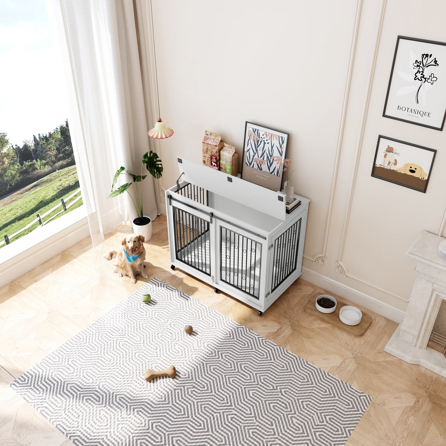 Mulinsonfly 47" Wooden Dog Crate Furniture with Sliding Barn Door, Flip-Top Lid, Lockable Wheels & Removable Divider, Indoor Dog Kennel Table for Small, Medium, Large Breeds