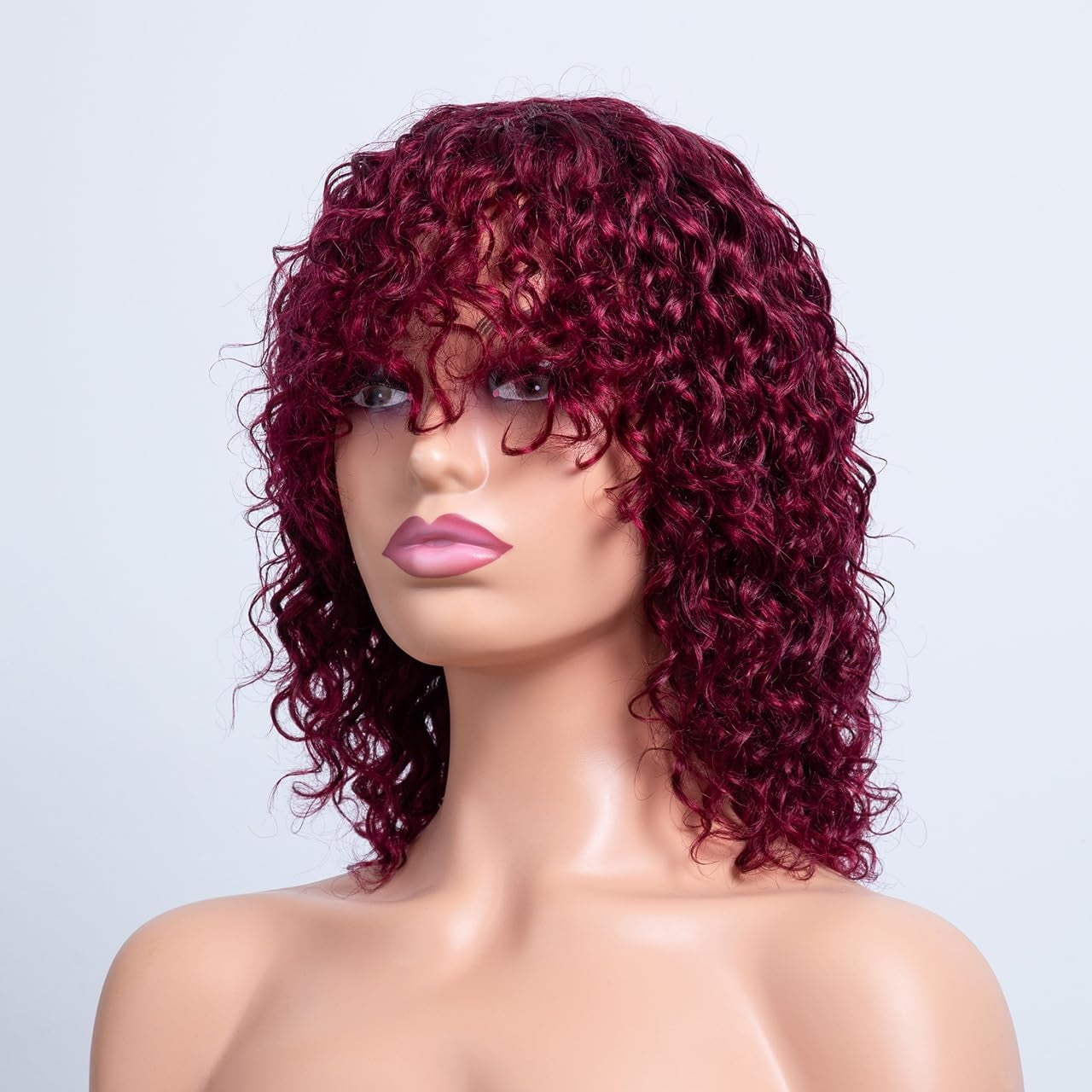 Guoxxzi Curly Bob Wig Human Hair With Bangs for black women Glueless Bob Wig Human Hair short curly wig human hair with bangs, Women's Short Curly Hair With Bangs And Small Curly Hair( Wine Red )