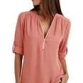 thumbnail image 3 of DYMADE Womens Solid Long Sleeve Zipper Tops Casual Chiffon Shirt Blouses, 3 of 4