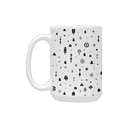 

Tribal Decor Plain Background with Arrows Feathers and Aztec Style Geometric Print Black and White Ceramic Mug (15 OZ) (Made In USA)