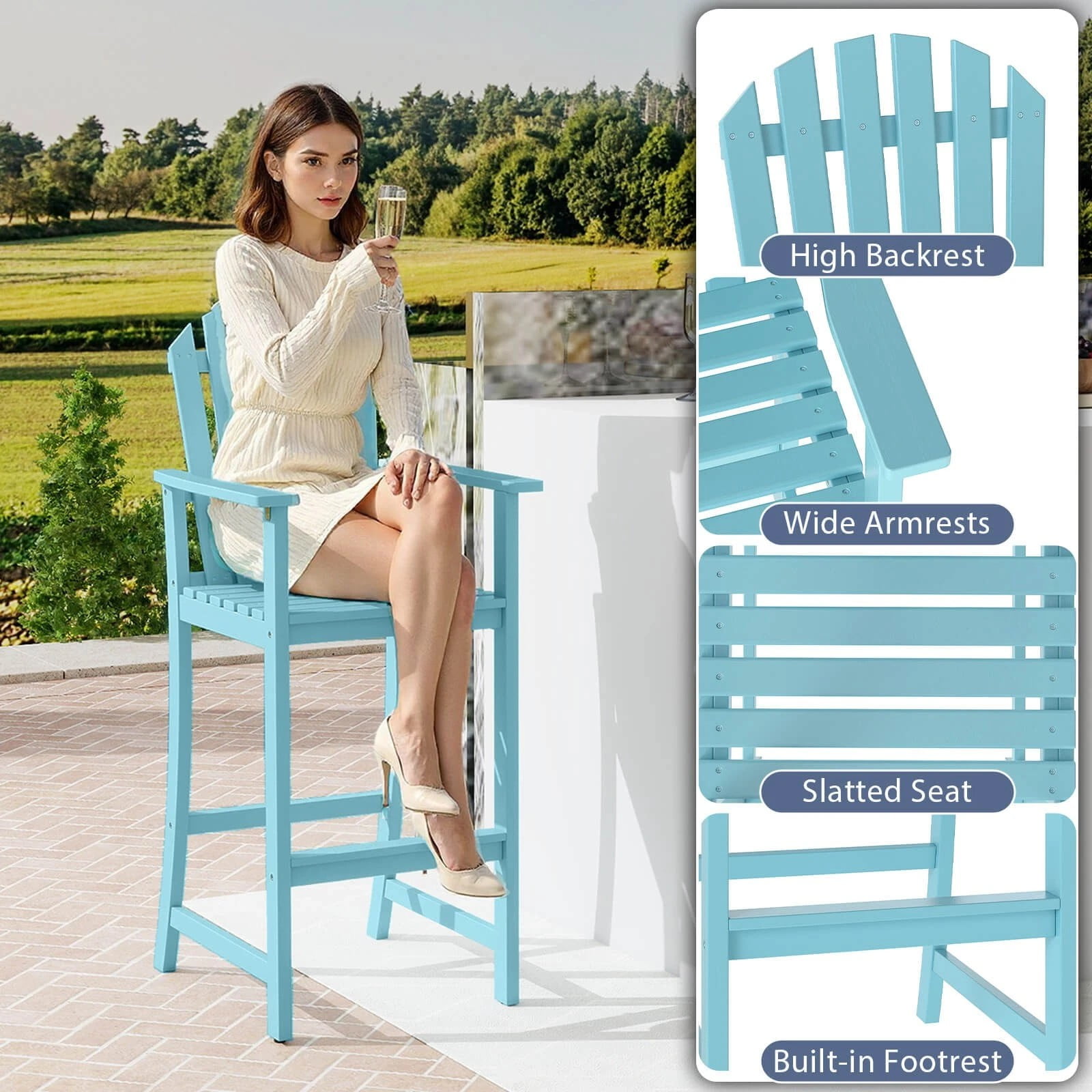 DRAZUNO 2PCS Tall Adirondack Chair w/Back, Armrests and Footrest for Balcony Porch Deck