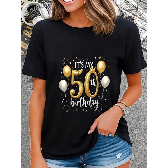 Elegant It's My 50th Birthday T-Shirt for Women, Fabulous Fifty Golden Balloon Graphic Tee, Retro Birthday Party Celebration Top, Comfortable Short Sleeve Apparel