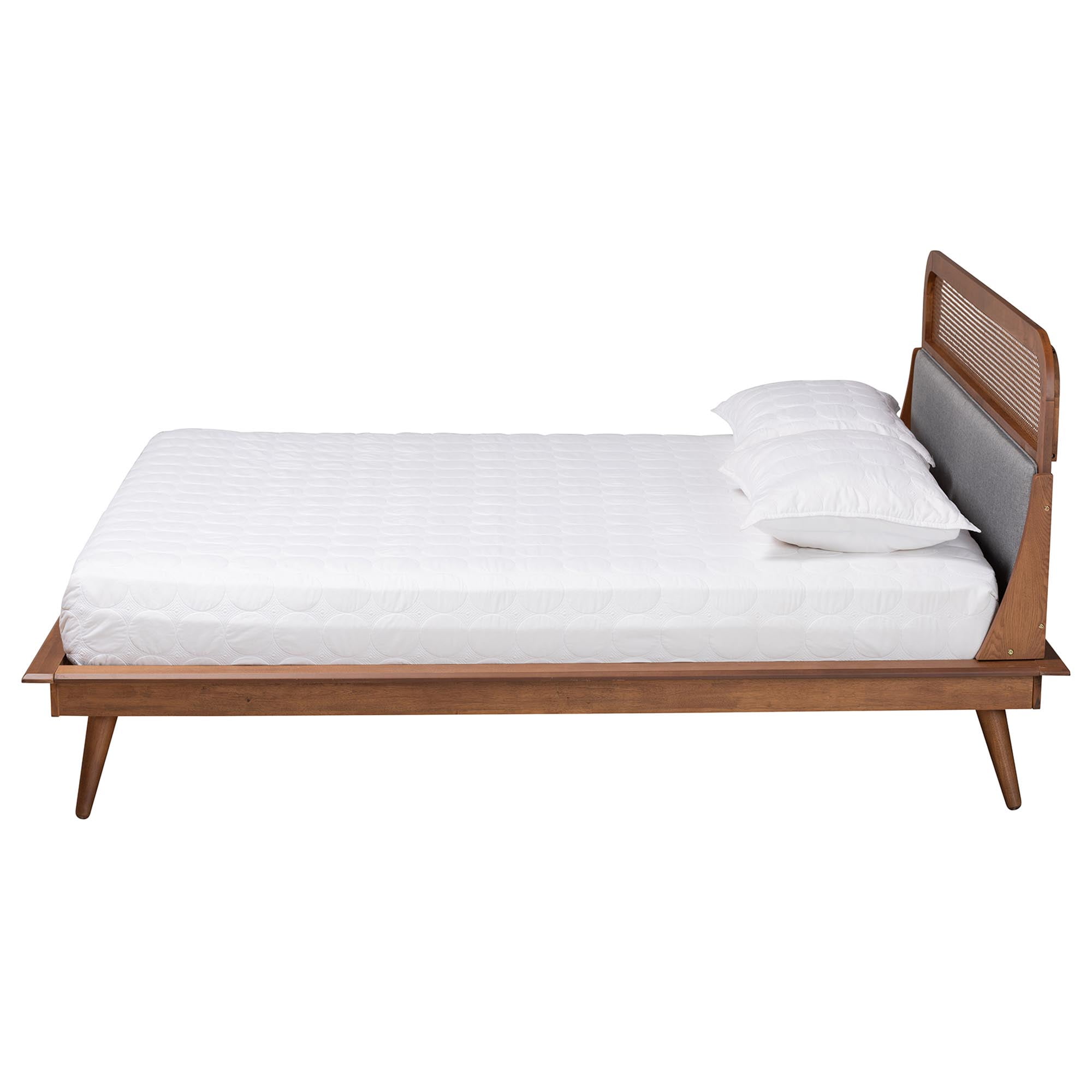 Baxton Studio Irina Mid-Century Modern Grey Fabric and Ash Walnut Finished Wood Queen Size Platform Bed
