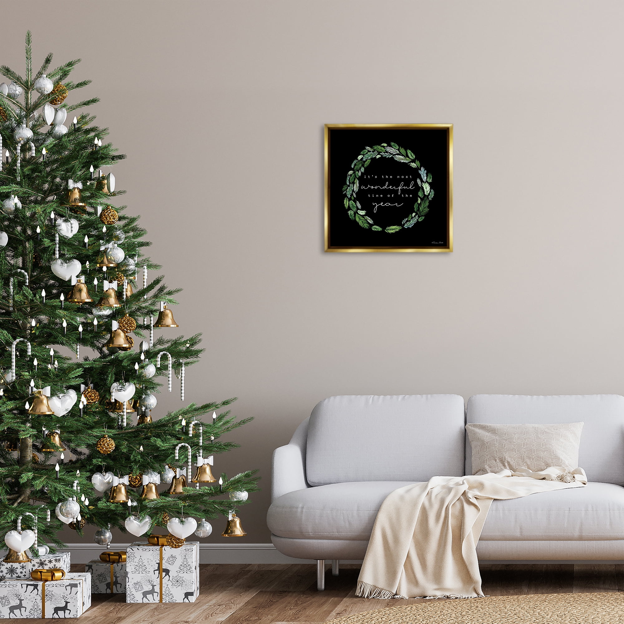 Stupell Industries Minimal Holiday Wreath Holiday Painting Gold Floater Framed Canvas Art Prints Wall Art, 25 x 25