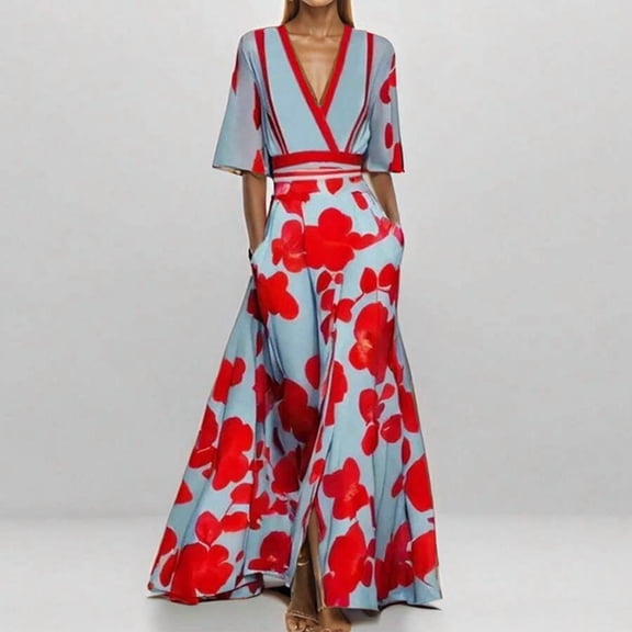 28480-Red Womens V-Neck Floral Wrap Maxi Dress With Side Slit