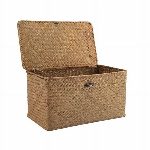 Handmade Straw Woven Storage Basket with Lid Makeup Organizer Storage Box Seagrass Laundry Baskets Rattan Jewelry Box(M)